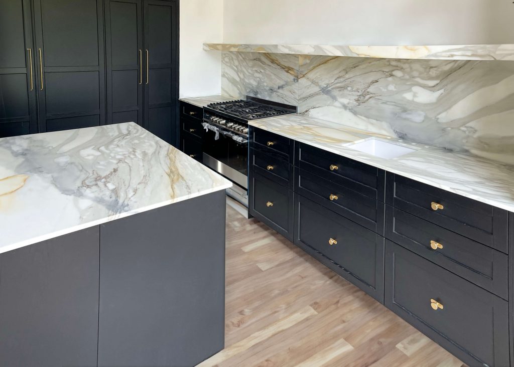 Real Marble Kitchen Worktops with floating shelf from The Beauty of Marble Limited